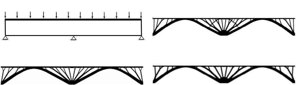Topology-optimized beam designs under distributed load